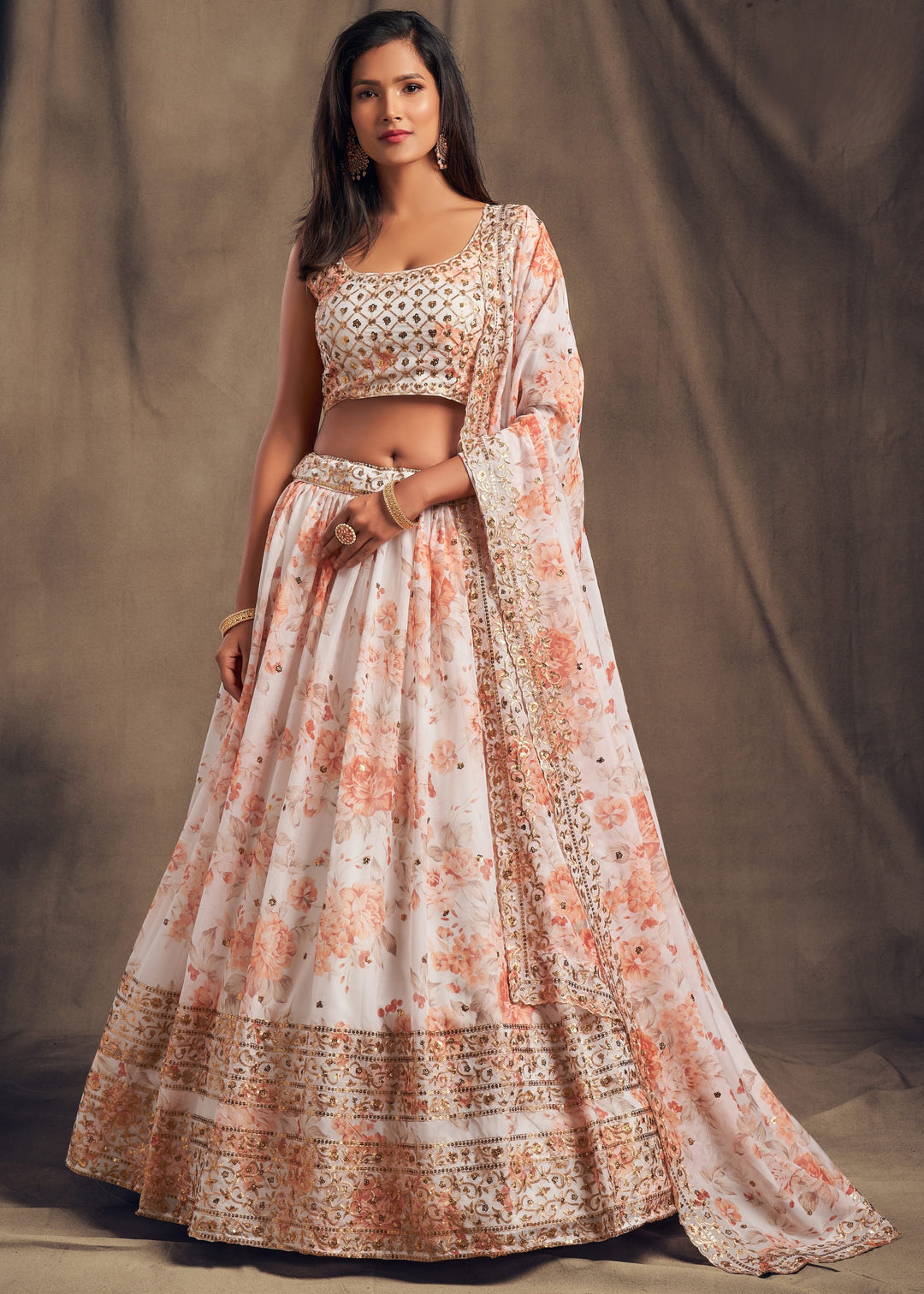 White Organza Lehenga Sequins Zari Embroidery Work