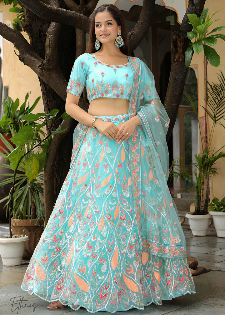 Light Blue Soft Net Lehenga With Dupatta
