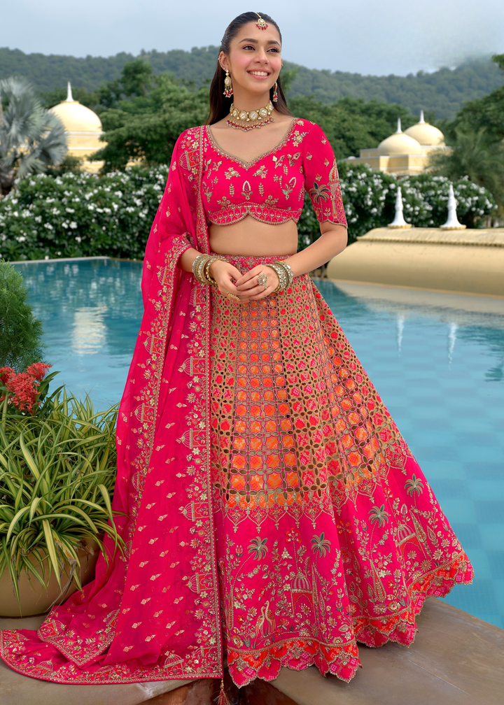 Hot Pink And Orange Silk Lehenga With Cut Work Border And Embroidery