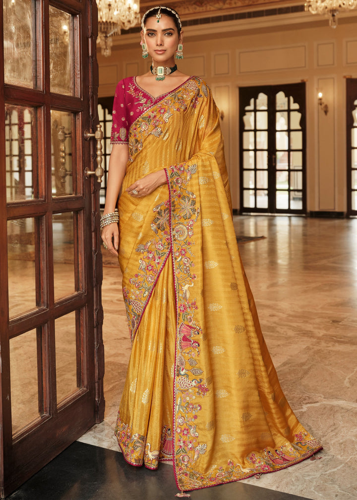 Golden Mustard With Pink Floral Embroidery Silk Saree