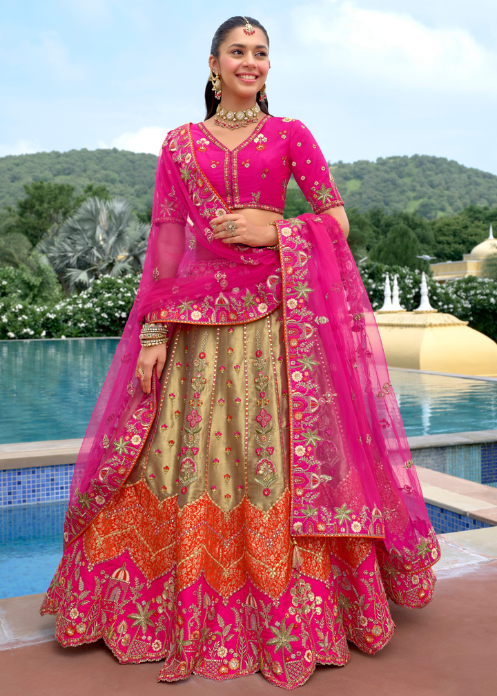 Rani Pink And Olive Green Silk Lehenga With Cut Work Border And Embroidery