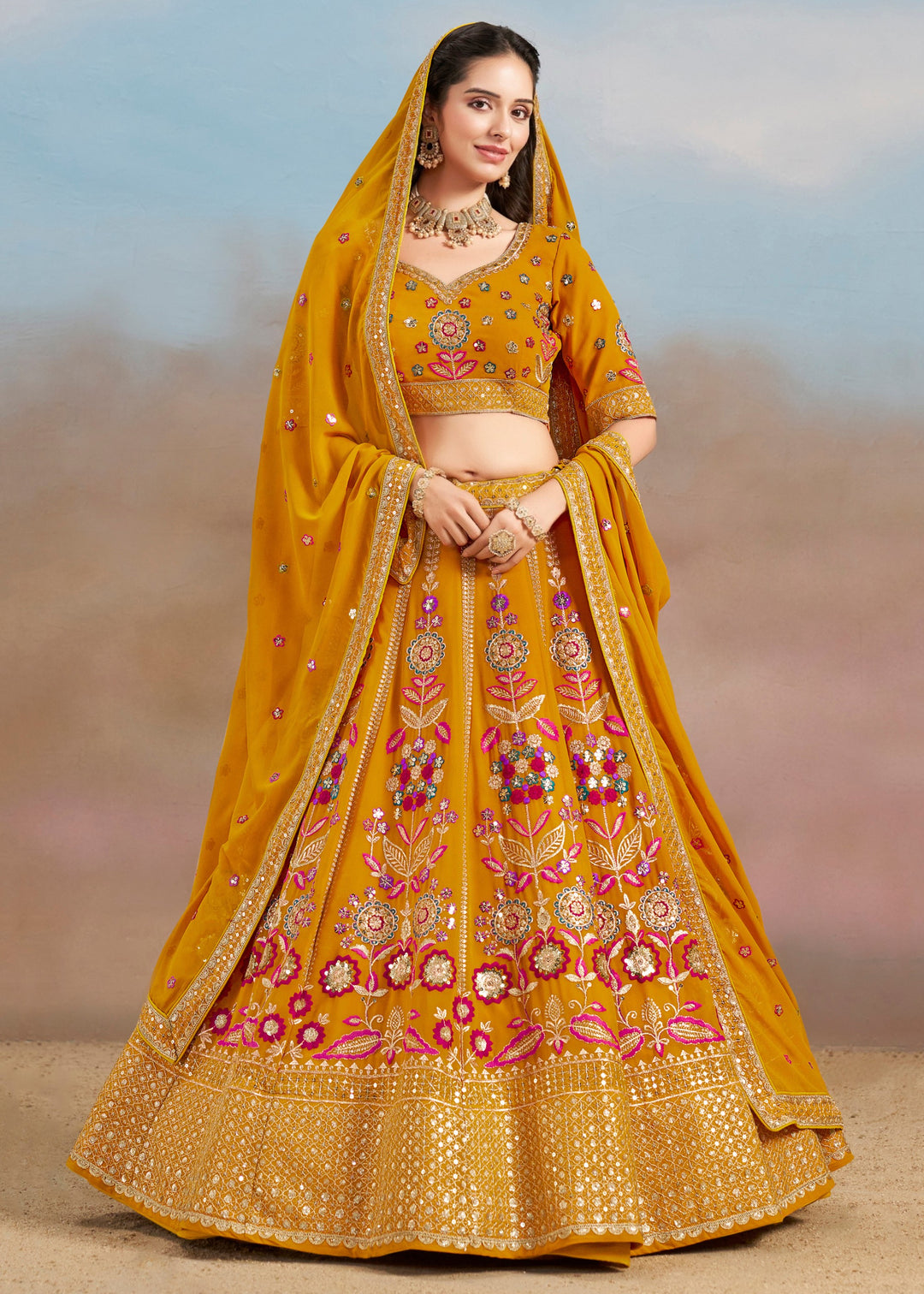 Yellow Sequins And Zari With Dori And Resham Embroidery Work Georgette Lehenga