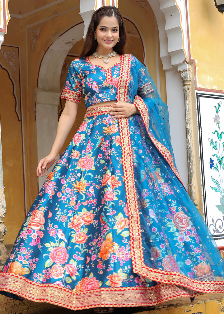 Azure Blue Silk Lehenga With Dupatta