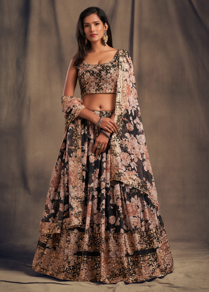 Black Organza Lehenga Sequins Zari Embroidery Work