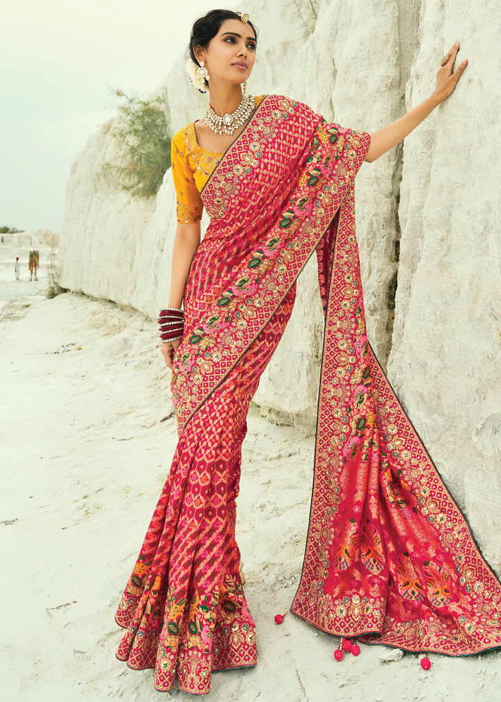 French Pink Georgette Bandhej Saree With Moti & Cut-Dana Handwork Border