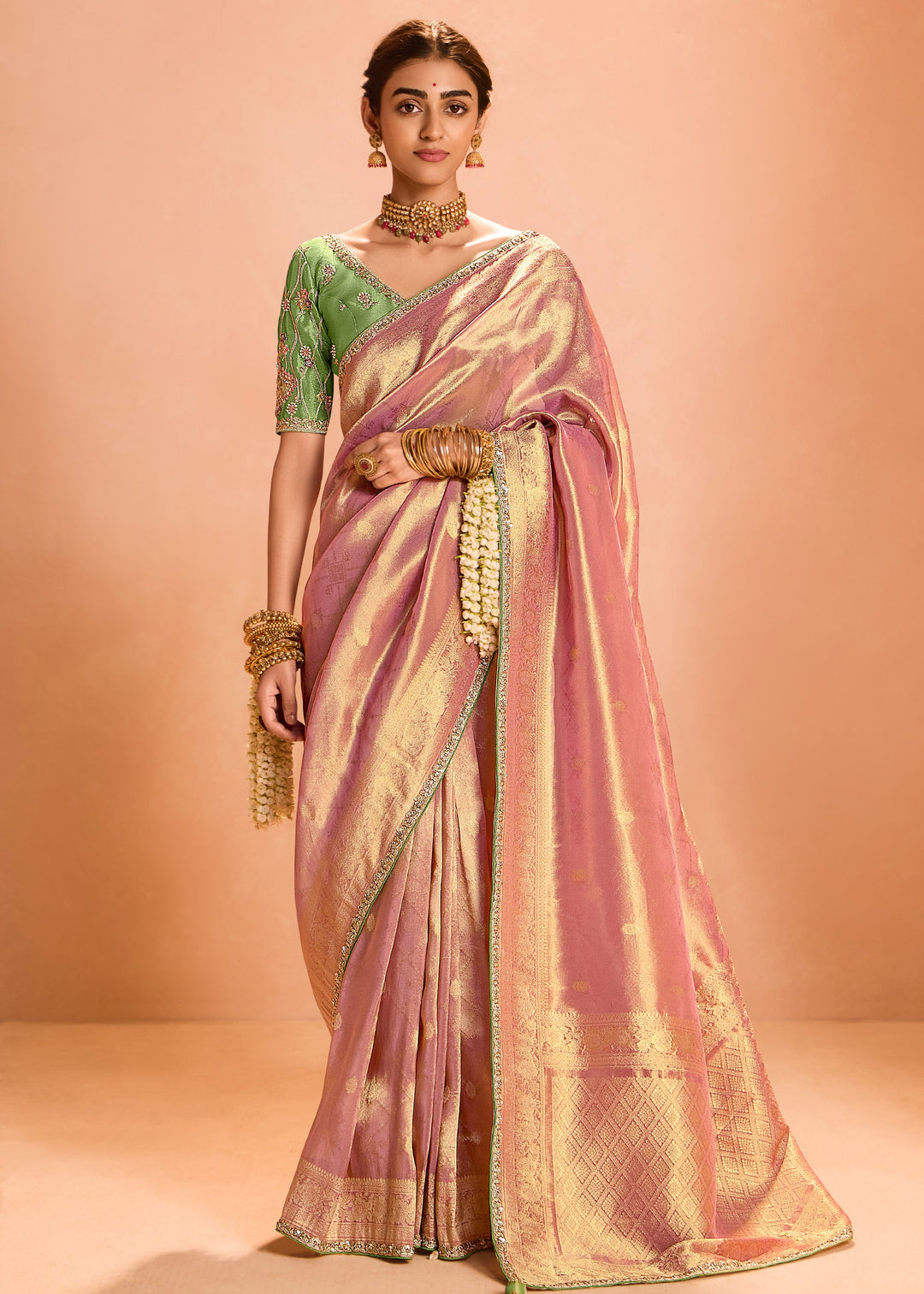 Rose Pink Zari Tissue Silk Saree With Weaving Work And Heavy Embroidery Lace : Top Pick