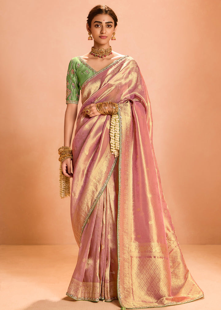 Rose Pink Zari Tissue Silk Saree With Weaving Work And Heavy Embroidery Lace : Top Pick