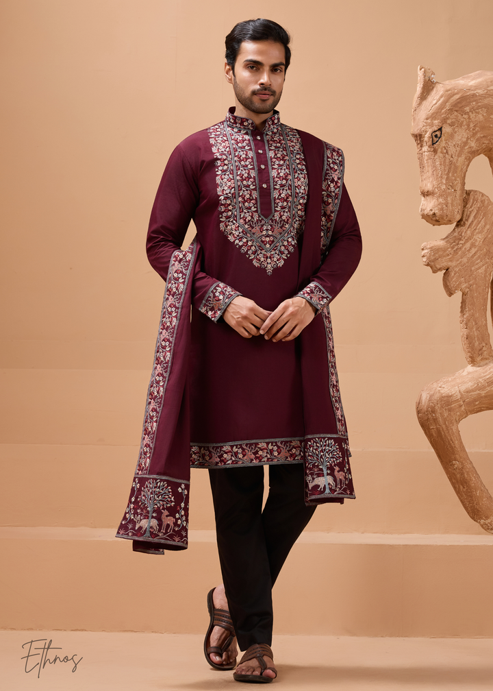 Maroon Mens Wear Silk Kurta With Pant And Dupatta