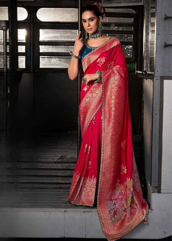 Red Soft Dola Viscous Silk with 3d Weaved Pallu and contrast blouse Saree