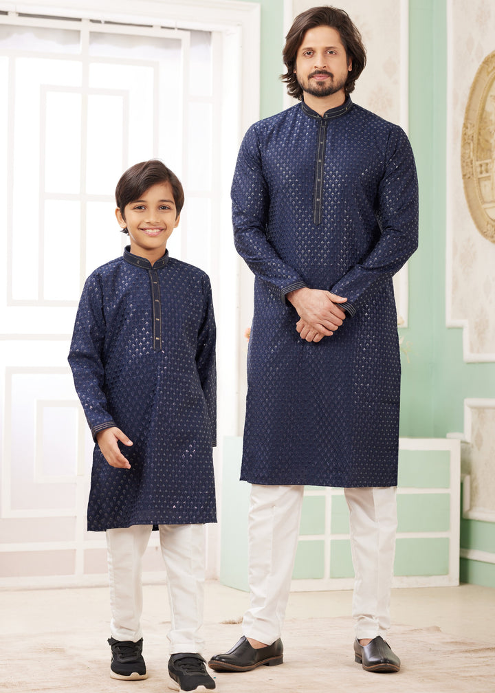 Dark Blue Silk Mens Kurta Set With Thread Embroidery Work