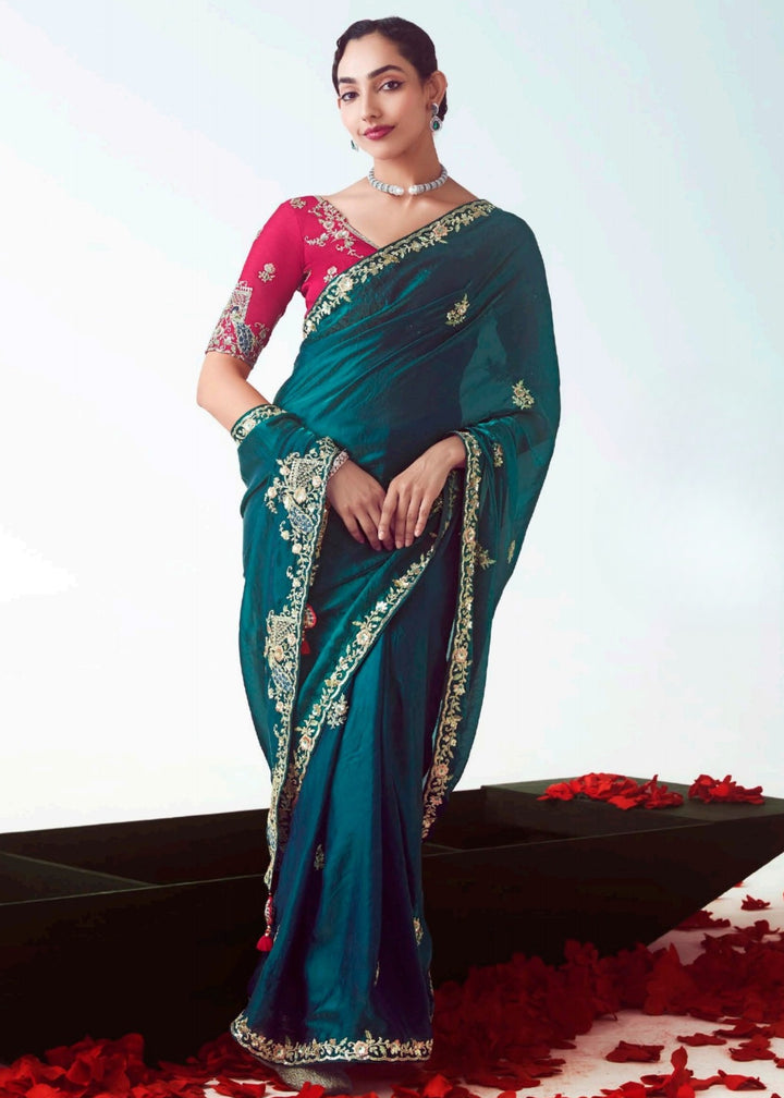 Teal Green Fancy Fabric Silk Saree With Hand Embroidered Work And Cut Work Border