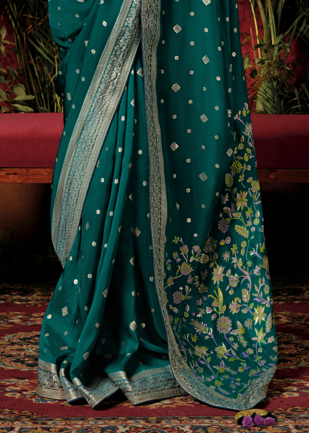 Dark Cyan Green Zari Woven Dola Silk Saree with Designer Pallu