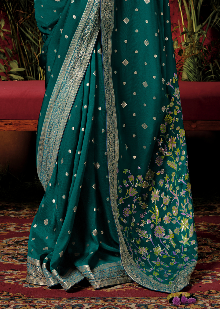 Dark Cyan Green Zari Woven Dola Silk Saree with Designer Pallu