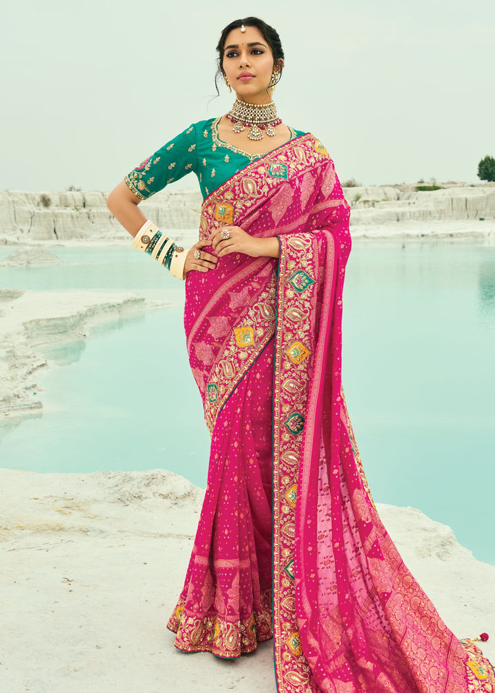 Bright Pink Georgette Bandhej Saree With Moti & Cut-Dana Handwork Border