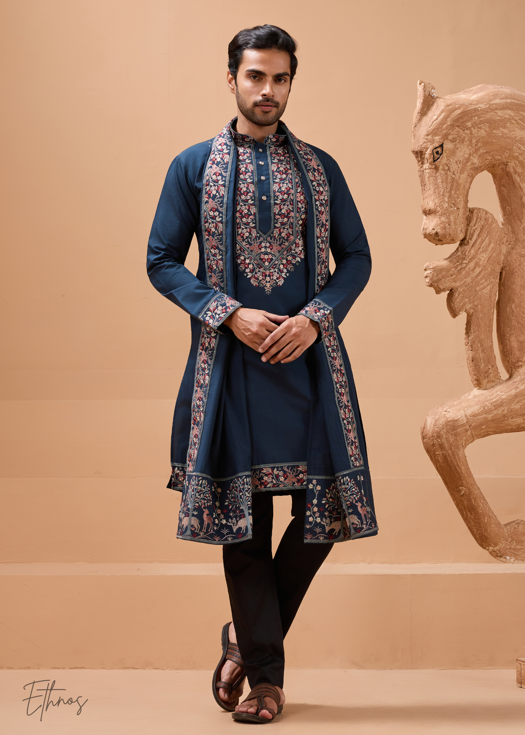 Teal Blue Mens Wear Silk Kurta With Pant And Dupatta