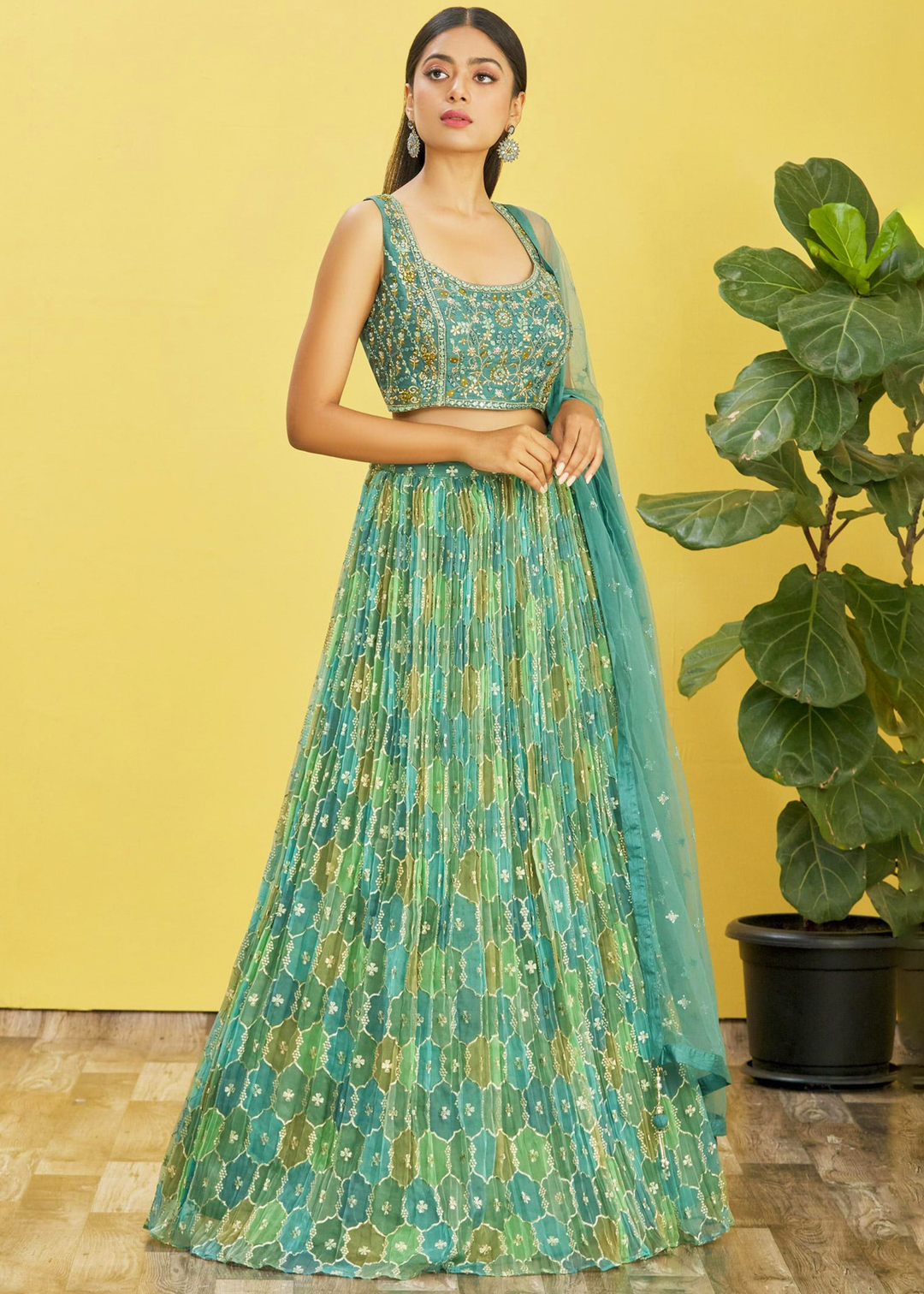 Shades Of Green Digital Printed Organza Lehenga with Thread,Zari & Sequins Work