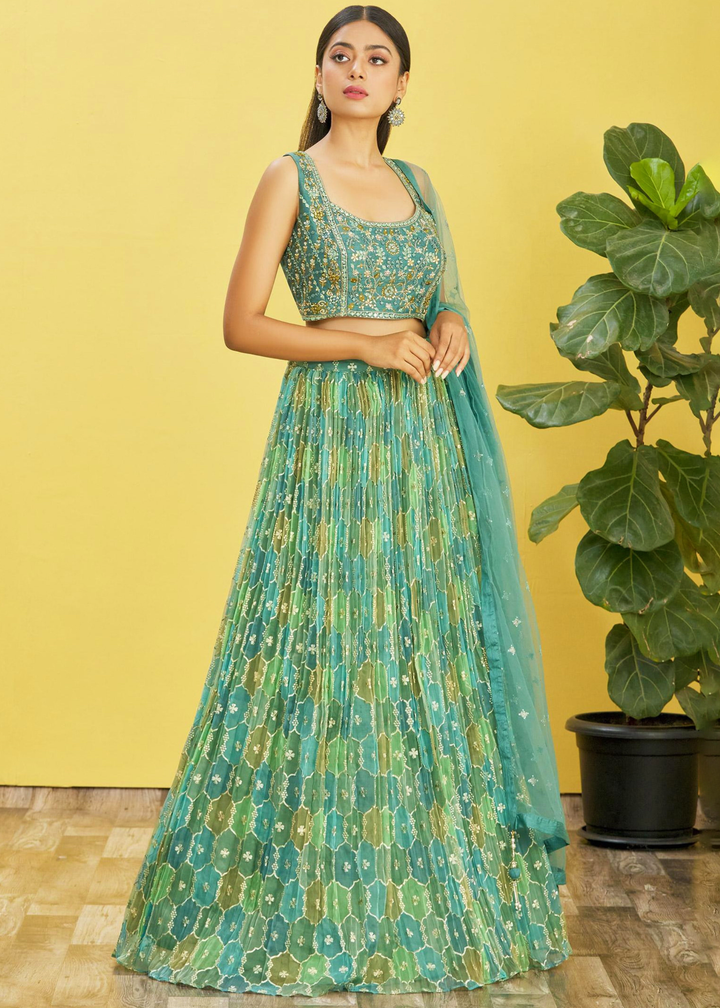Shades Of Green Digital Printed Organza Lehenga with Thread,Zari & Sequins Work