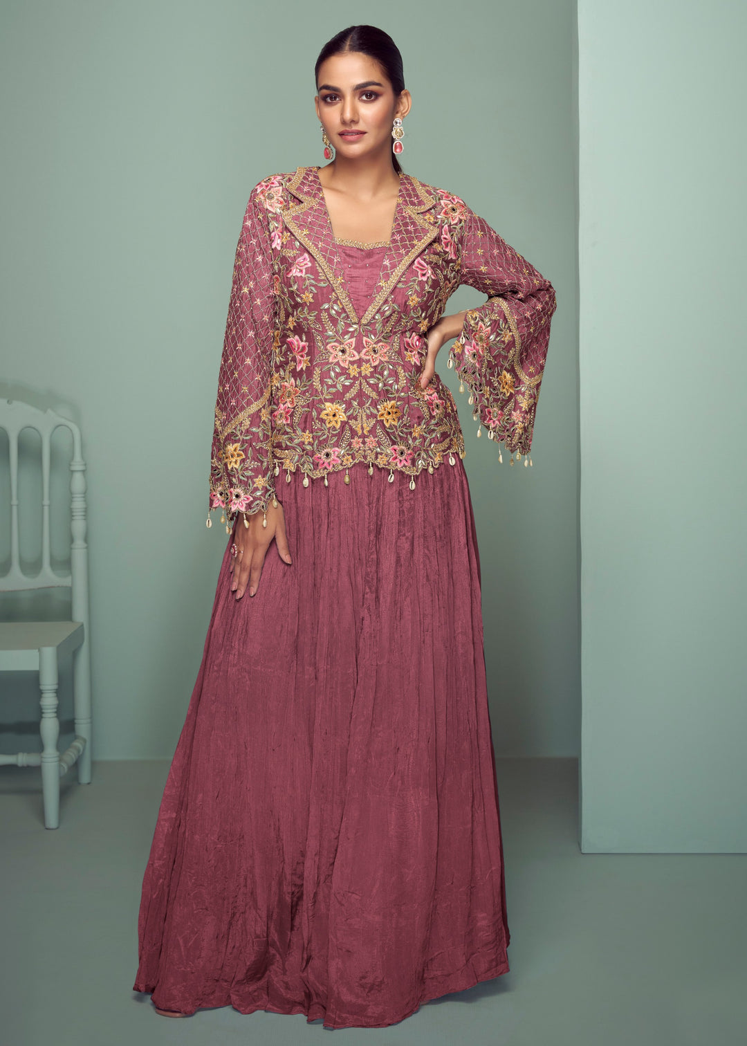 Maroon Pink Chinon Top with Skirt