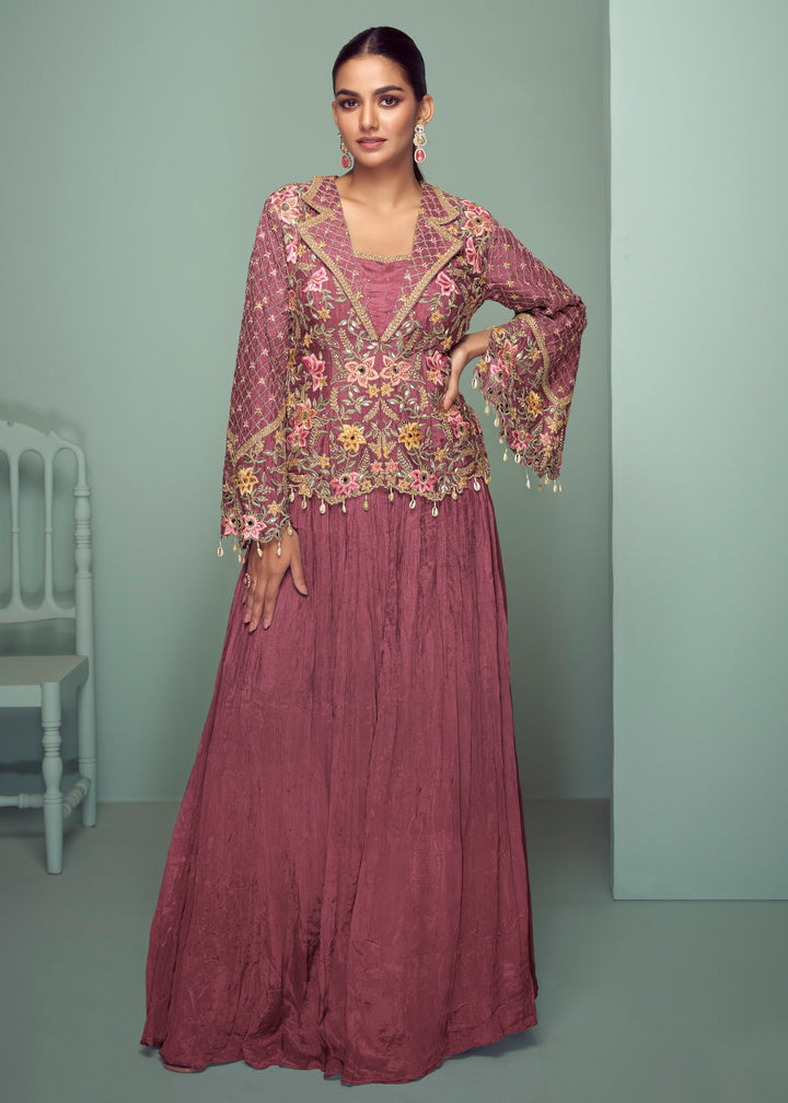 Maroon Pink Chinon Top with Skirt