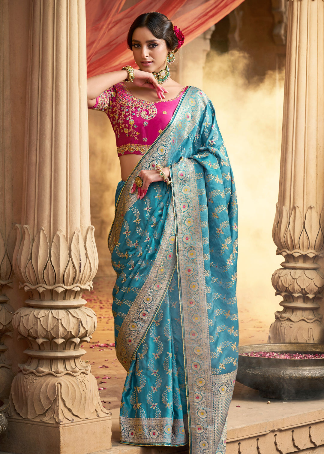 Capri Blue Satin Silk Saree