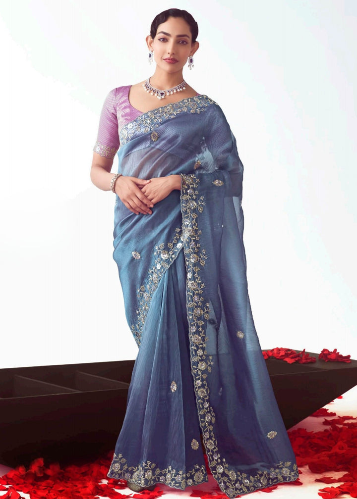 Majorelle Blue Fancy Fabric Silk Saree With Hand Embroidered Work And Cut Work Border