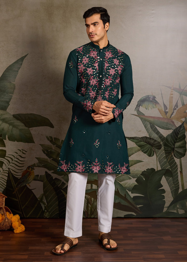 Forest Green Mens Wear Silk Kurta with Pant