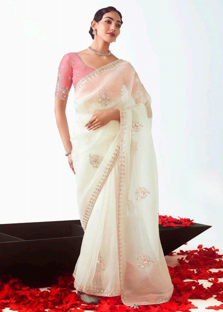 Pearl White Fancy Fabric Silk Saree With Hand Embroidered Work And Cut Work Border