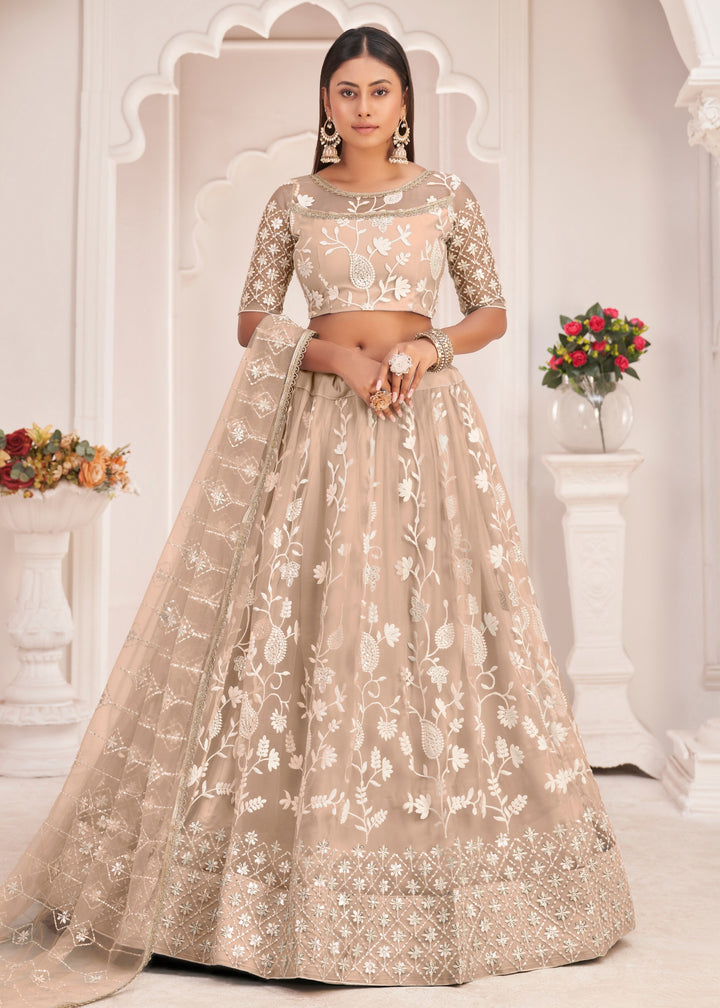 Sand Brown Designer Soft Net Lehenga With Cotton Thread And Sequins Embroidery Work