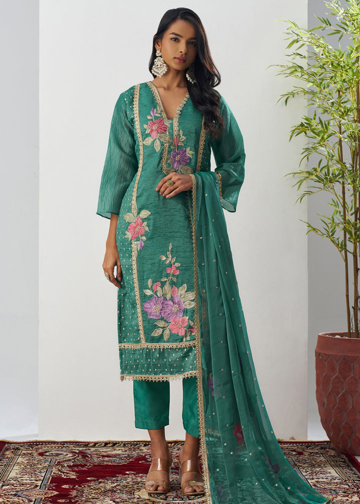 Dark Emerald Green Silk Pant Suit With Chiffon Dupatta