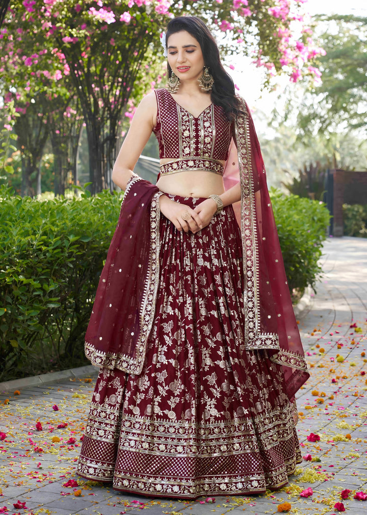 Maroon Sequins and Zari Embroidery Work Silk Lehenga