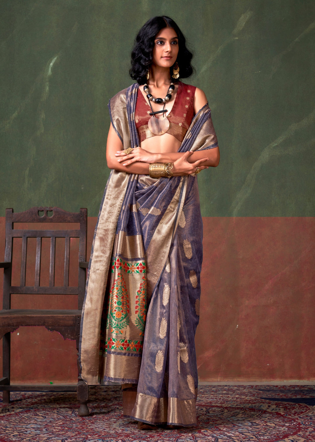 Purpleish Paithani Tissue Silk Saree With Zari Work