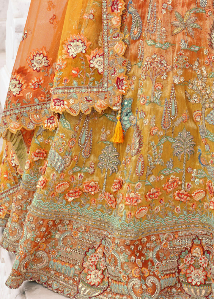 Cadmium Orange Fancy Silk Lehenga Choli With Cut Work Embroidery Border & Stone Work