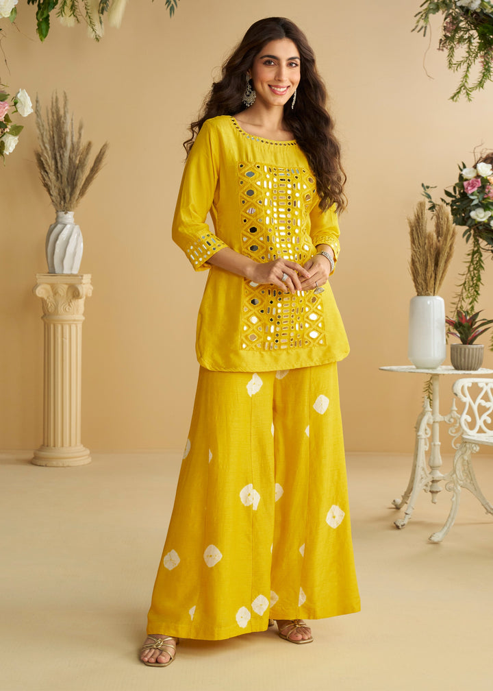Sunny Mustard Yellow Silk Palazzo Suit Ensemble With White Embroidered Motifs