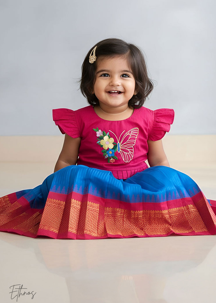 Raw Silk Pink and Blue Lehenga - Butterfly