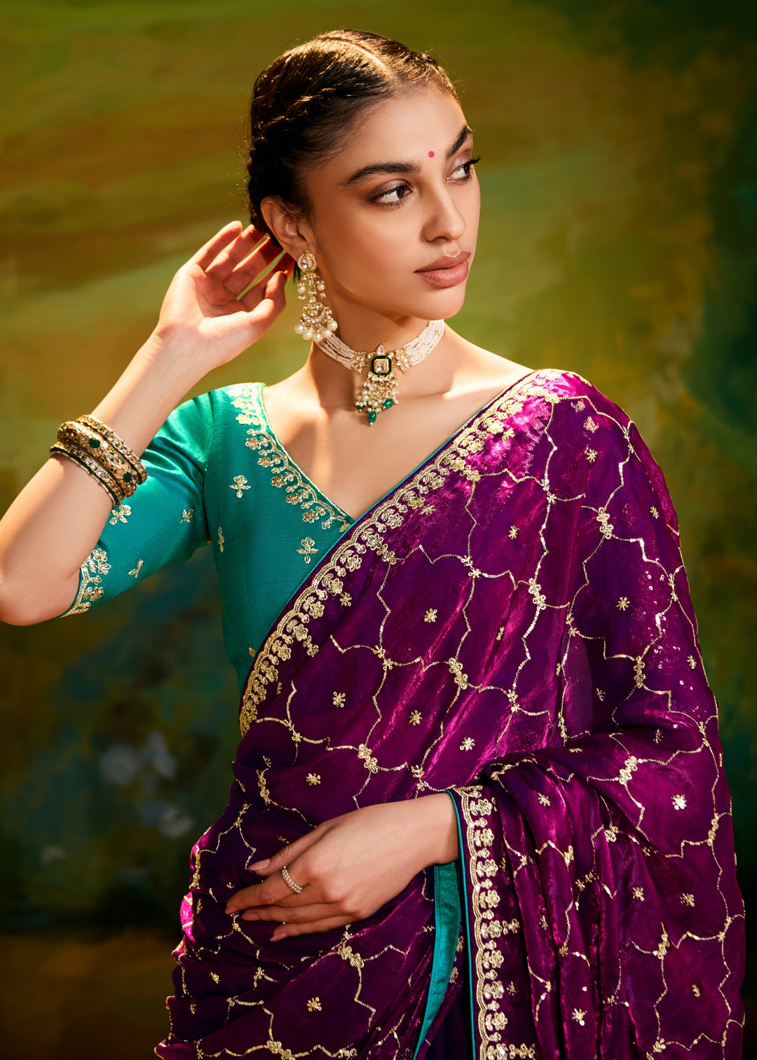 Plum Purple Saree With Embroidery And Handwork Designer Cut Border