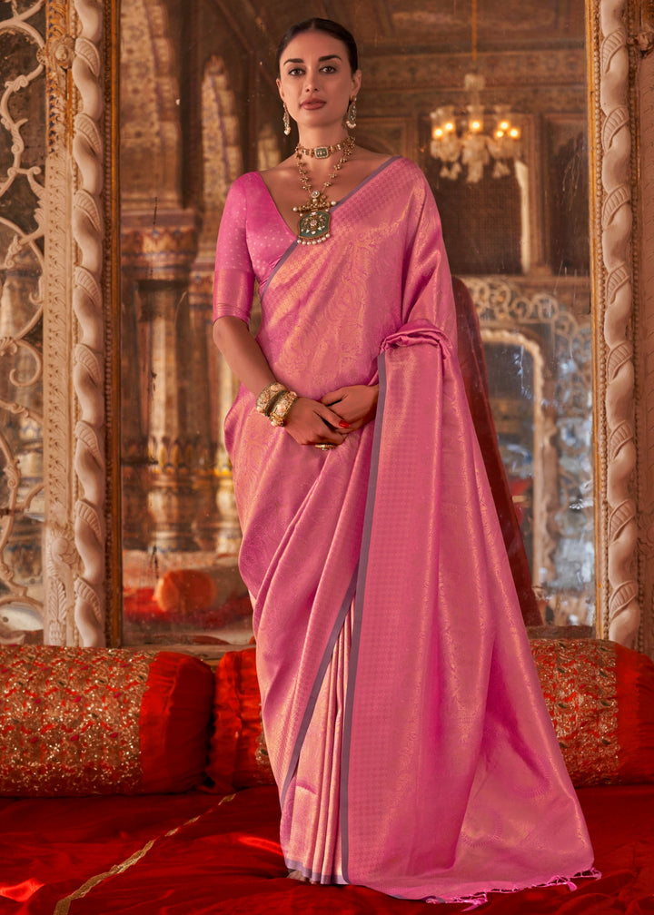 Rose Pink Handloom Weaving Silk Saree