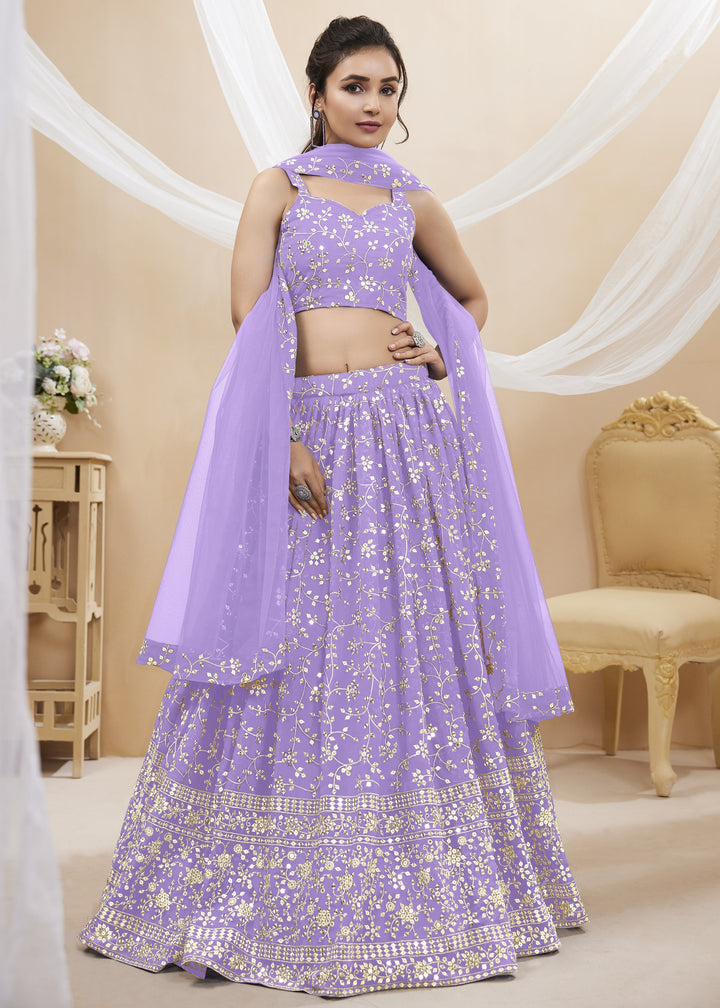 Lavender Purple Georgette Lehenga Choli With Sequins Zari Embroidered Work