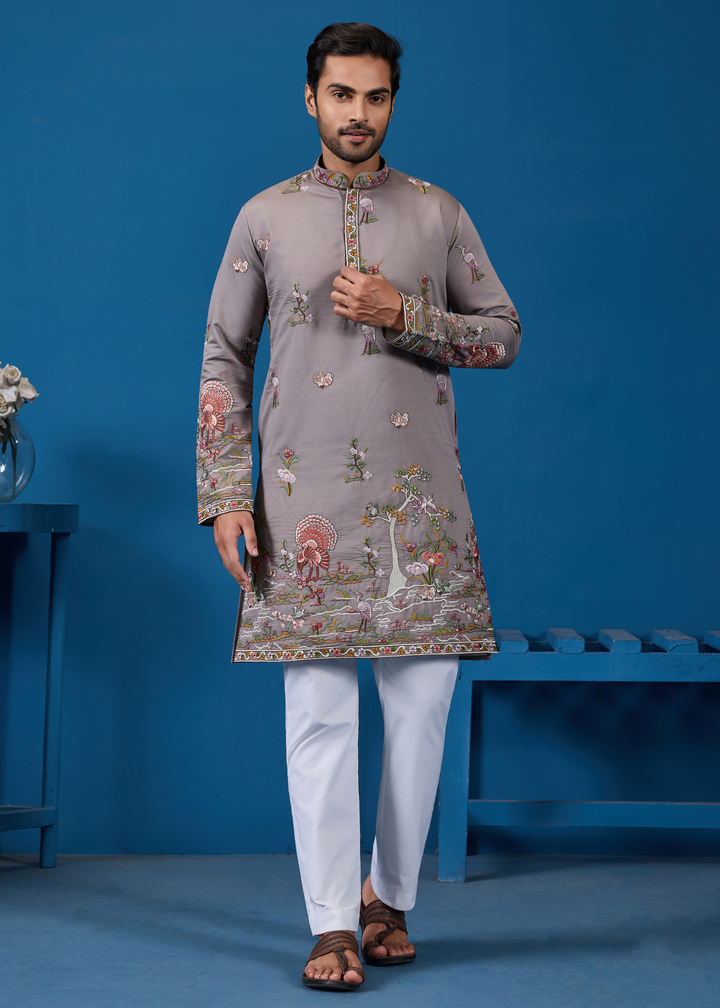 Soft Mauve Grey Mens Wear Kurta with Pant