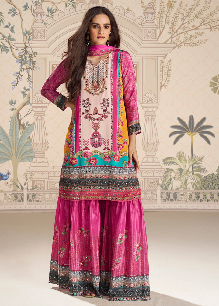 Bright Fuchsia Pink Crep Silk Sharara Suit