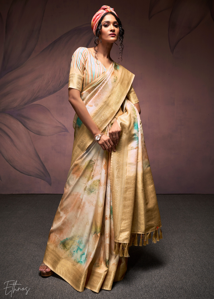 Beige Golden Handloom Weaving Silk Saree