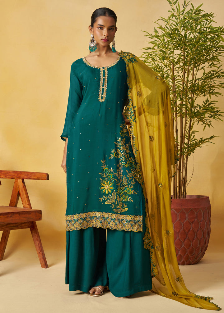 Dark Teal Green Salwar Suit with Mustard Yellow Dupatta