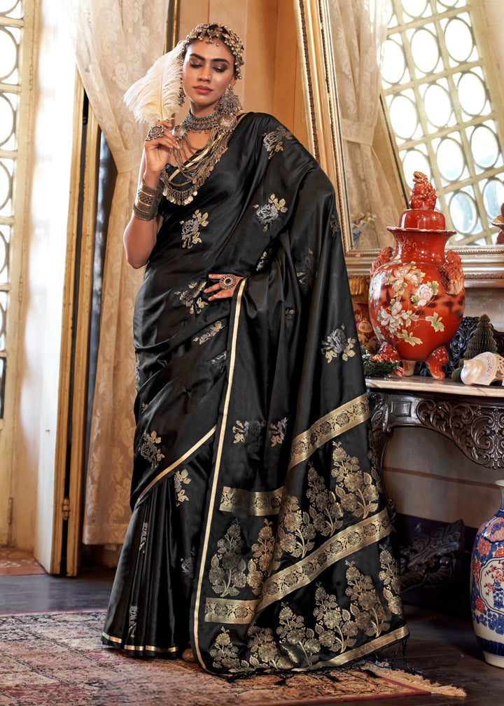 Black Pure Satin Handloom Weaving Silk Saree