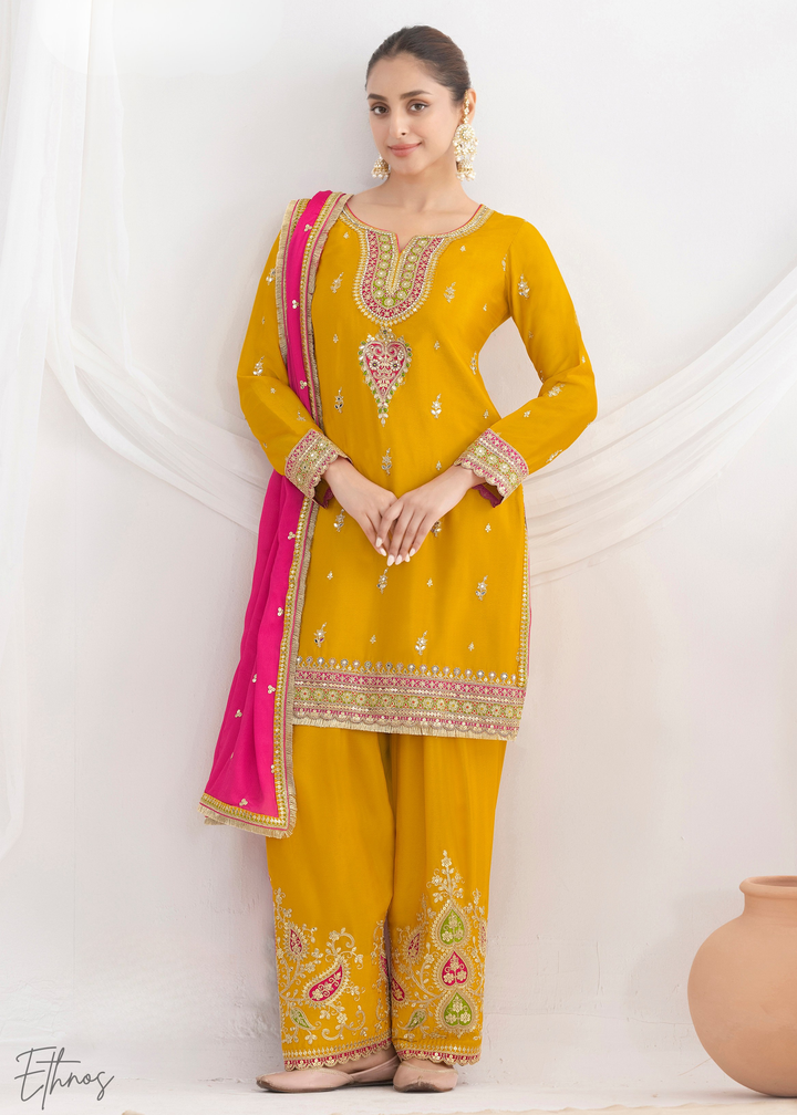 Dandelion Yellow Chinnon Silk Salwar Suit