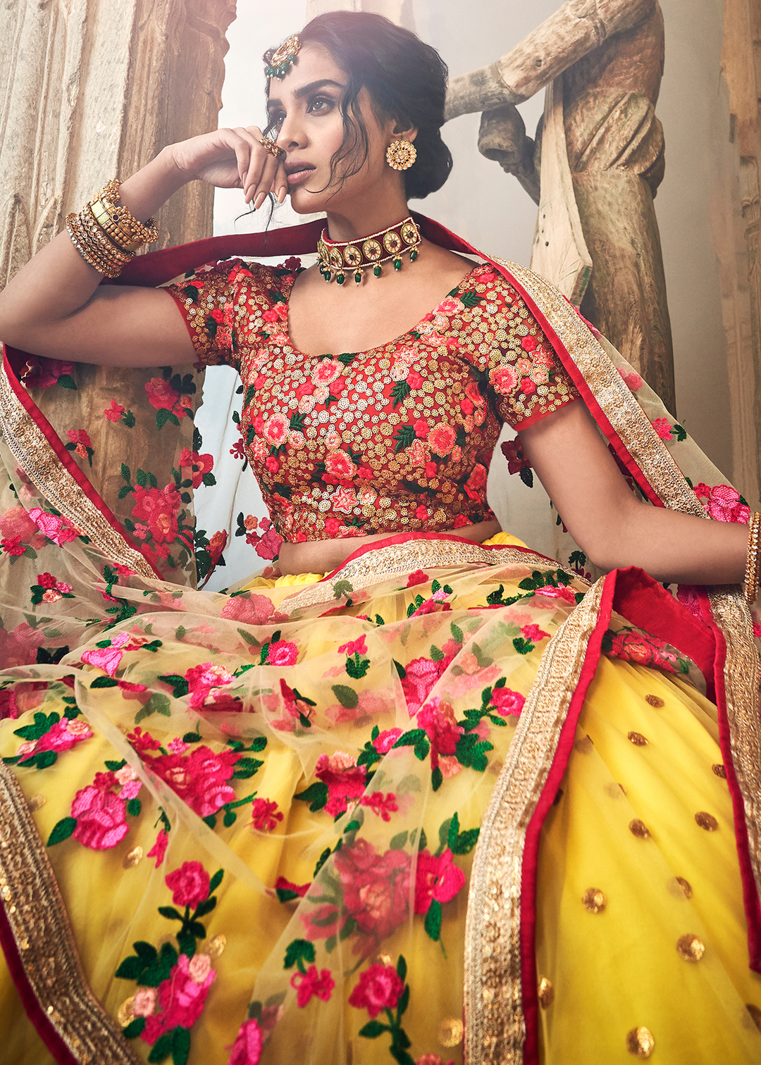 Electric Yellow Soft Net Lehenga Choli with Sequins,Thread & Zari work