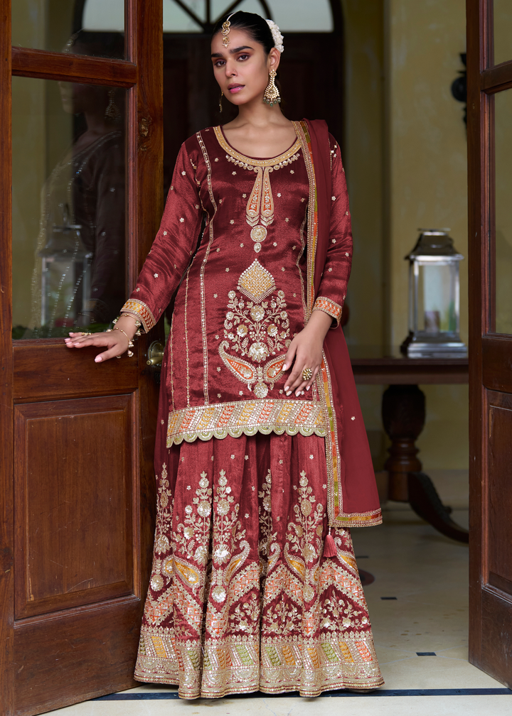 Maroon Red Simmer Silk Palazzo Suit With Embroidered Work