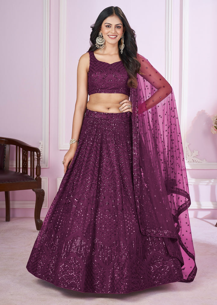 Jam Purple Net Lehenga Choli With Sequins And Thread Embroidery Work