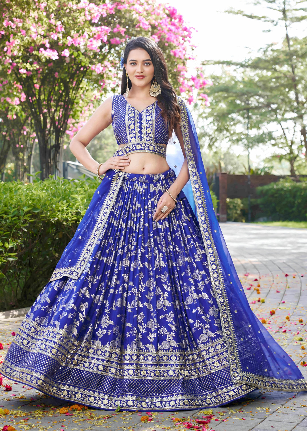 Royal Blue Sequins and Zari Embroidery Work Silk Lehenga
