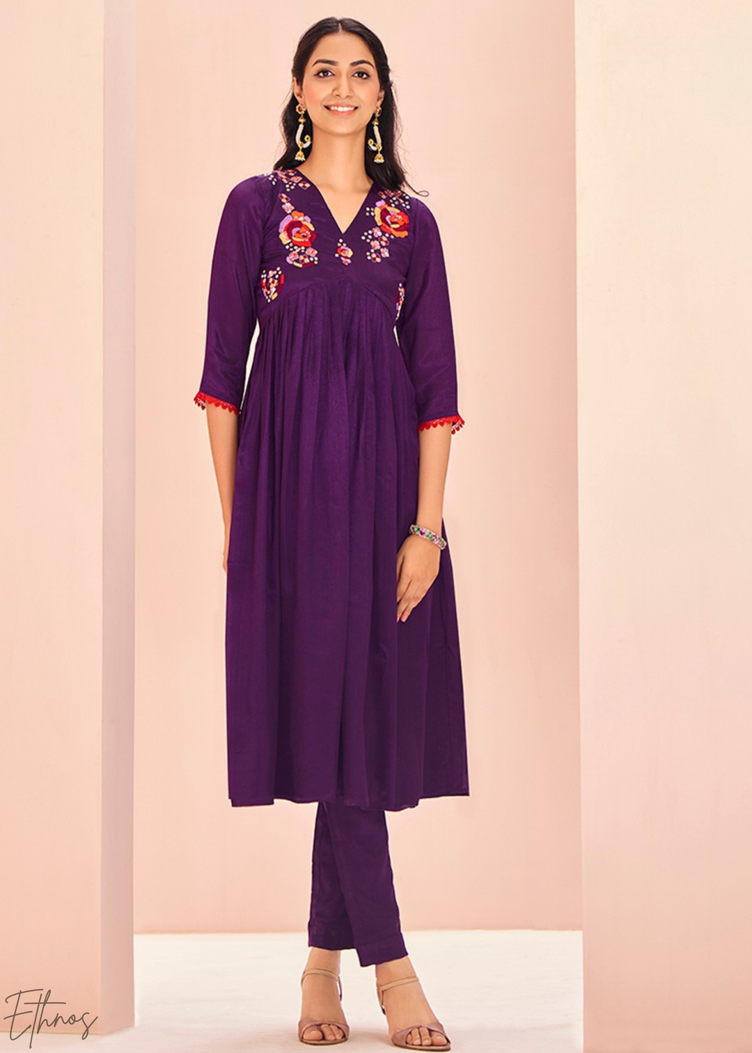 Wine Purple Yoke Embroidered Frock Kurti Palazzo Set
