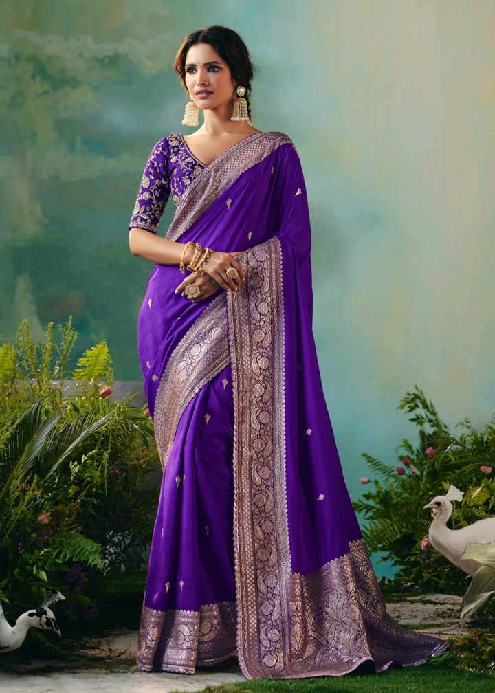 Royal Purple Pure Viscose Dola Silk Saree with Zari Weaving & Embroidered Blouse