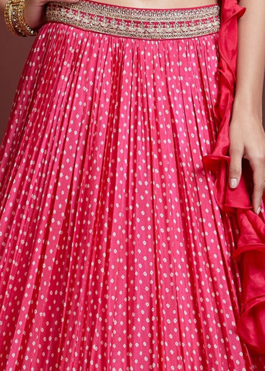 Azalea Pink Bandhani Printed Chinon Silk Lehenga Choli with Heavy Embroidery work